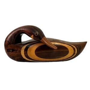 India Wood Hand Carved Duck Figurine Decor Vintage Sculpture Curved Signed Brown